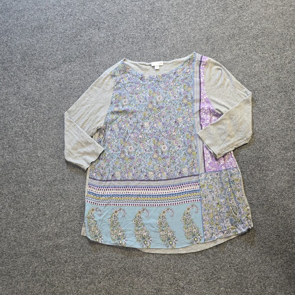 J Jill Top Womens Medium Petite Gray Floral Paisley 3/4 Sleeve Stretch Casual